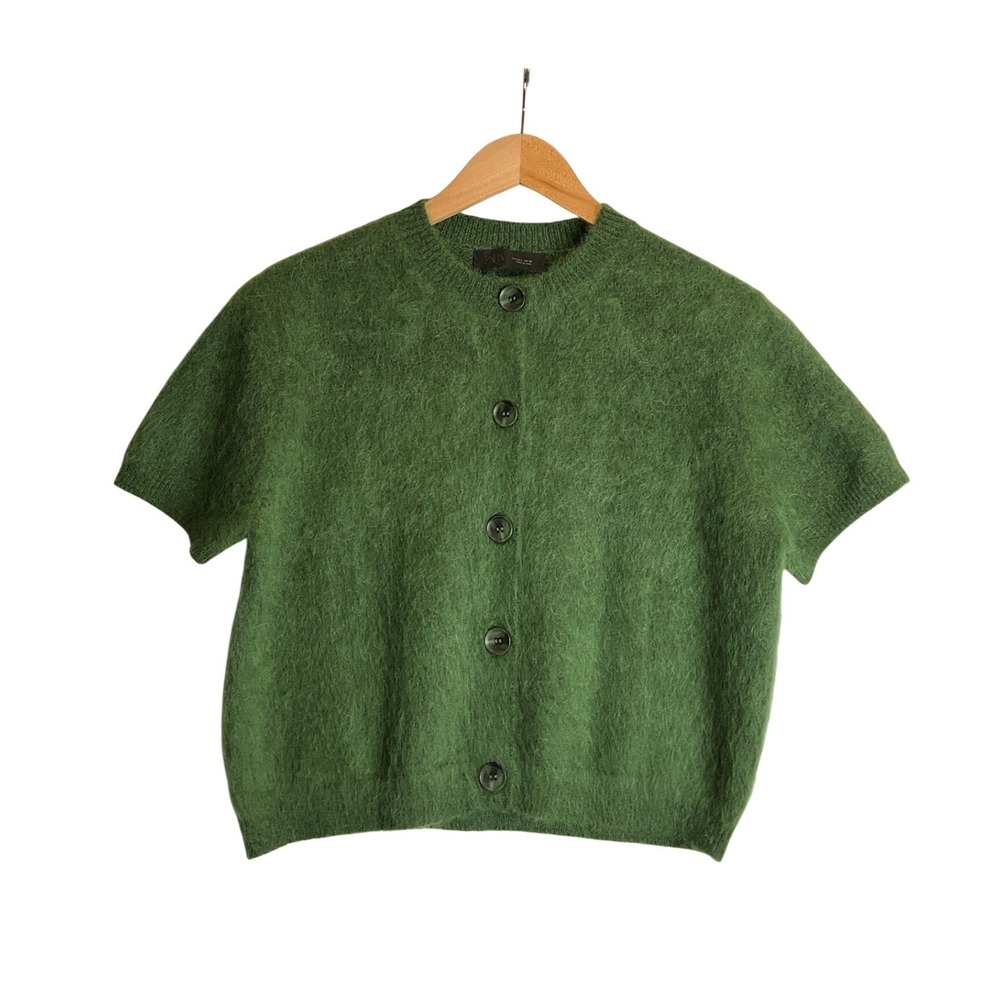 Zara Wool Alpaca Blend Button Up Cardigan Sweater Short Sleeve Green Preppy  L